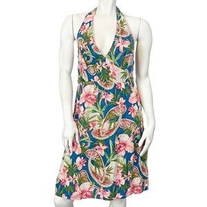 TOMMY BAHAMA Tropical Floral Paisley Print Linen Tie Up Halter Mini Dress